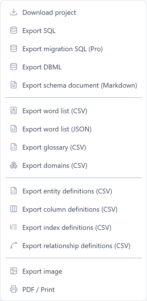 Sqemo 내보내기 메뉴 — "정의서 내보내기 (Markdown)"이 SQL·DBML과 함께 첫 묶음에 있는 화면