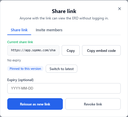 The Share link dialog: the active link with Copy and Copy embed code buttons, version pinning with a Switch to latest option, an optional expiry date, and Reissue / Revoke actions.